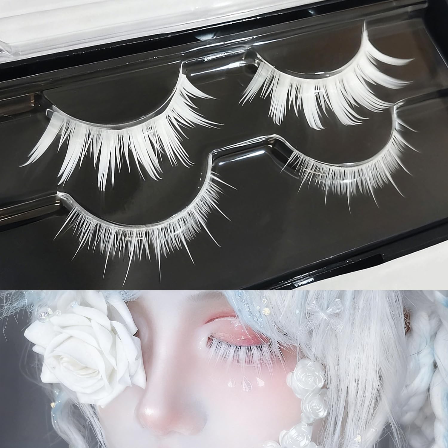 2 Pairs False Eyelashes, Cosplay, White, Cosplay, Natural Design, Masquerade Party, Halloween, Idol-Style, Reusable, Handmade, Top and Bottom Eyelashes, Daily Makeup, Stage Use, Delicate Hair