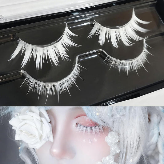2 Pairs False Eyelashes, Cosplay, White, Cosplay, Natural Design, Masquerade Party, Halloween, Idol-Style, Reusable, Handmade, Top and Bottom Eyelashes, Daily Makeup, Stage Use, Delicate Hair