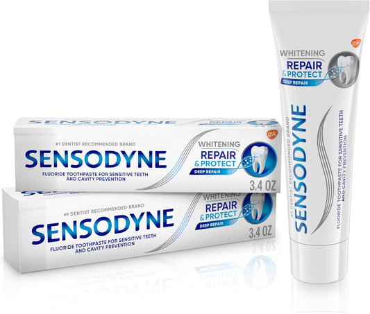 Sensodyne Repair and Protect - Pasta dental blanqueadora para dientes sensibles y prevención de caries, 3.4 onzas (paquete de 2)