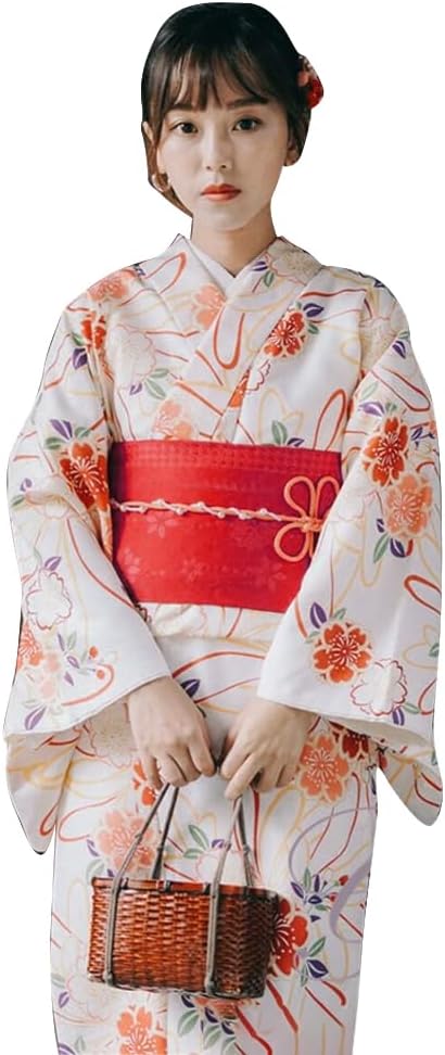 Women's Yukata Kimono Floral Print Yukata Costume, 4-piece Set, Yukata, Obi, Fan, Head Accessory, Plain Weave, Beautiful, One Size, Cute, Adult Fireworks Festival, Summer Festival, Ryokan