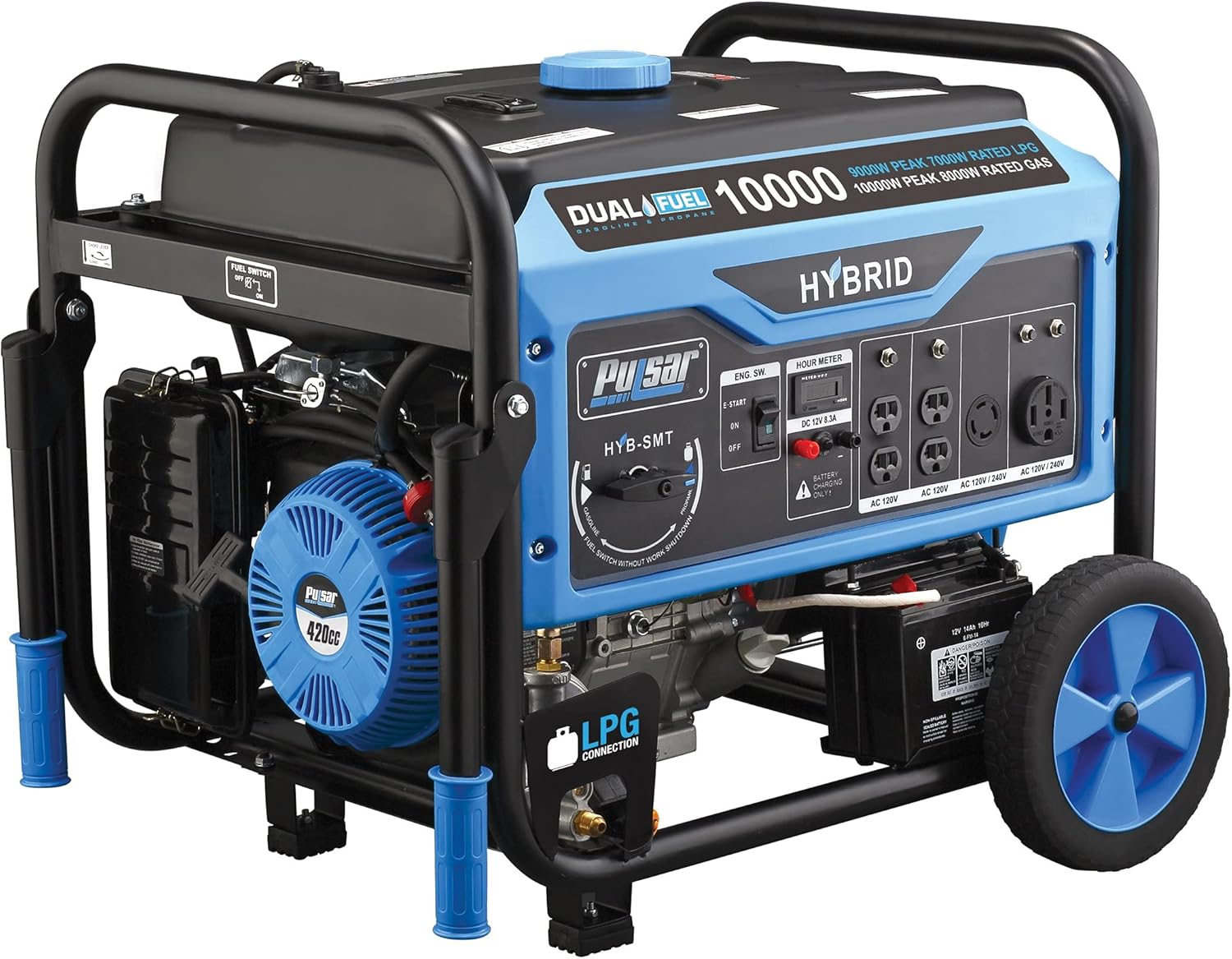 Pulsar PG10000B16 Portable Dual Fuel Generator - 8000 Rated 1000 Peak Watts - Built in Gas & LPG Electric Start Switch & Go, RV Ready CARB Compliant, 10,000W, Black