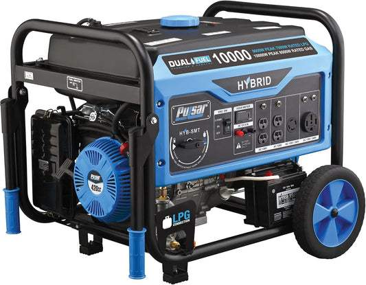 Pulsar PG10000B16 Portable Dual Fuel Generator - 8000 Rated 1000 Peak Watts - Built in Gas & LPG Electric Start Switch & Go, RV Ready CARB Compliant, 10,000W, Black