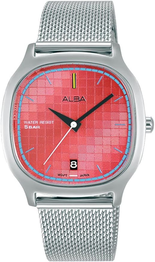 Seiko ALBA Alba AG8L03X1 Pink Quartz Men's, Women's, Unisex, Boys, Stainless Steel, Analog, Date, Calendar, Square, Square Shape, Pink, Bracelet Type