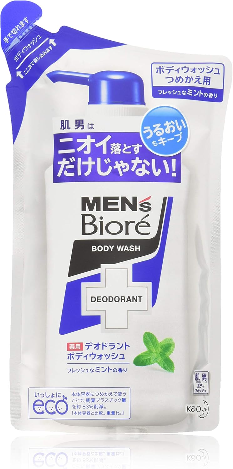 Men's Biore Deodorant Body Wash, Refill, 12.8 fl oz (380 ml) x 3, Fresh Mint Scent