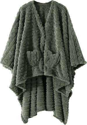 Manta de Poncho para adulto, acogedora manta de forro polar Sherpa con bolsillos para la oficina y el salón (verde, 58 x 64 pulgadas)