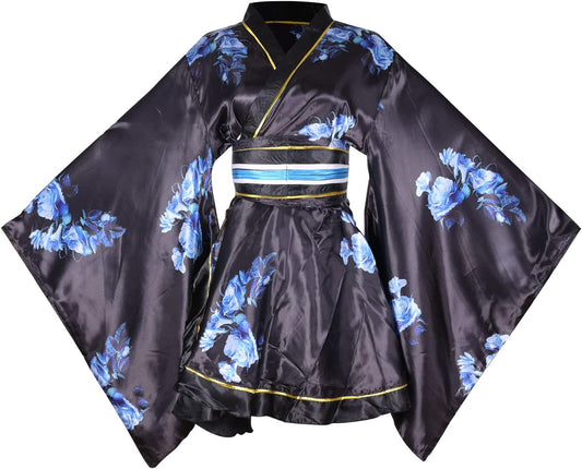 [HONGFU] Women's Japanese Pattern, Mini Kimono Dress, Kimono Style, Yukata, Sleepwear Belt Outfit, Yosakoi Costume, Flower Dress
