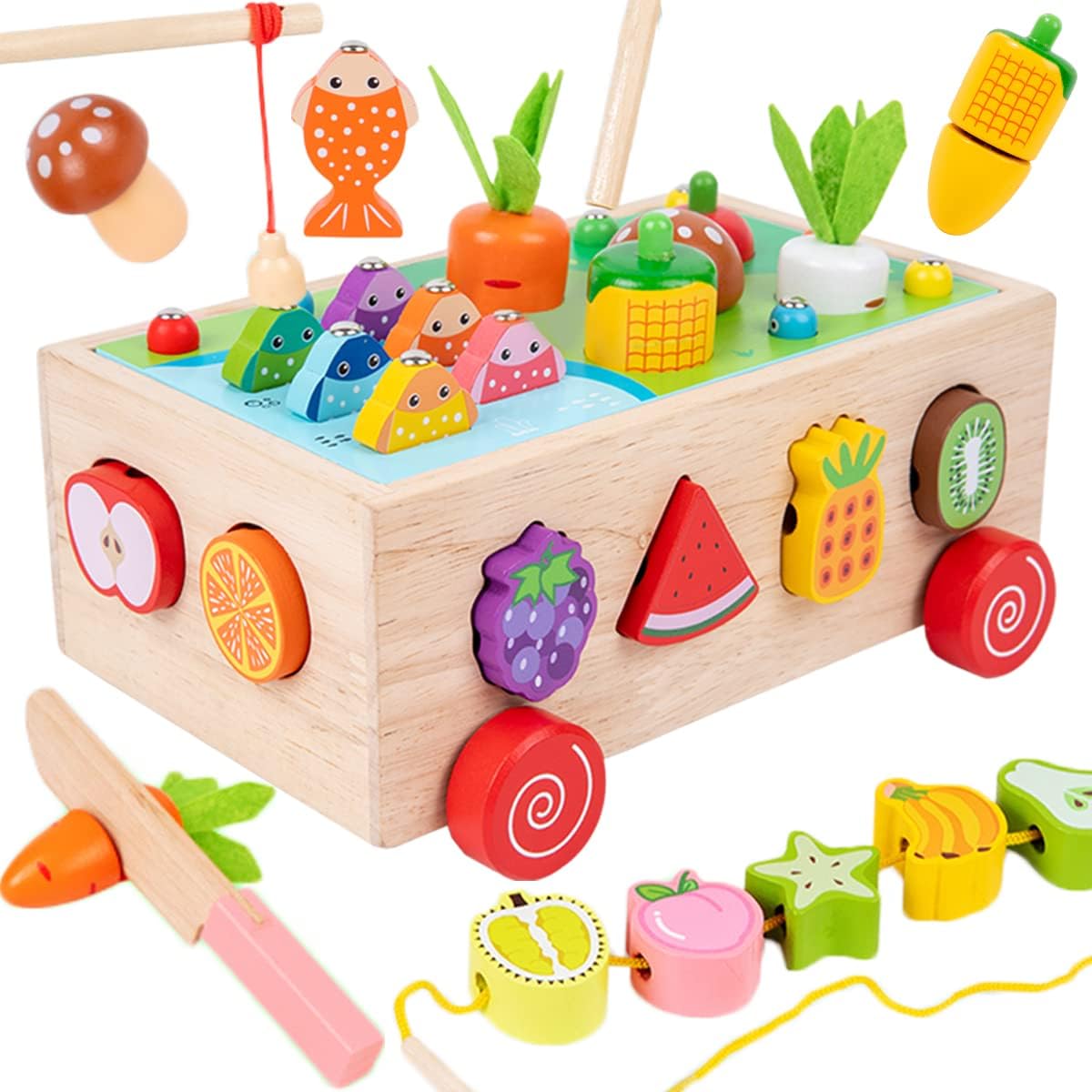 7 in 1 Montessori Educational Toys, Shapes, Inlay, Fingertip Fishing Toy, String Toy, Multifunction Wooden Toy for Pretend Play Toys, Educational Toy, Ranking 2, 3, 4, 5, 6 Years, Girls, Boys,