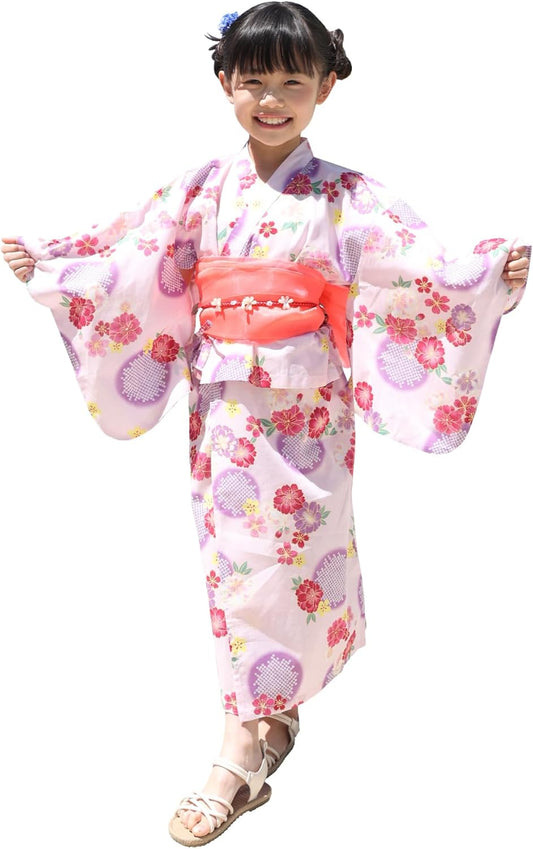 ON NISHIKI 2-Way Yukata Set, Easy to Put on Organza Belt, Top + Dress + Obi 3-piece Set, 100% Cotton, For Girls, Children, Separate Yukata 110/120/130/140