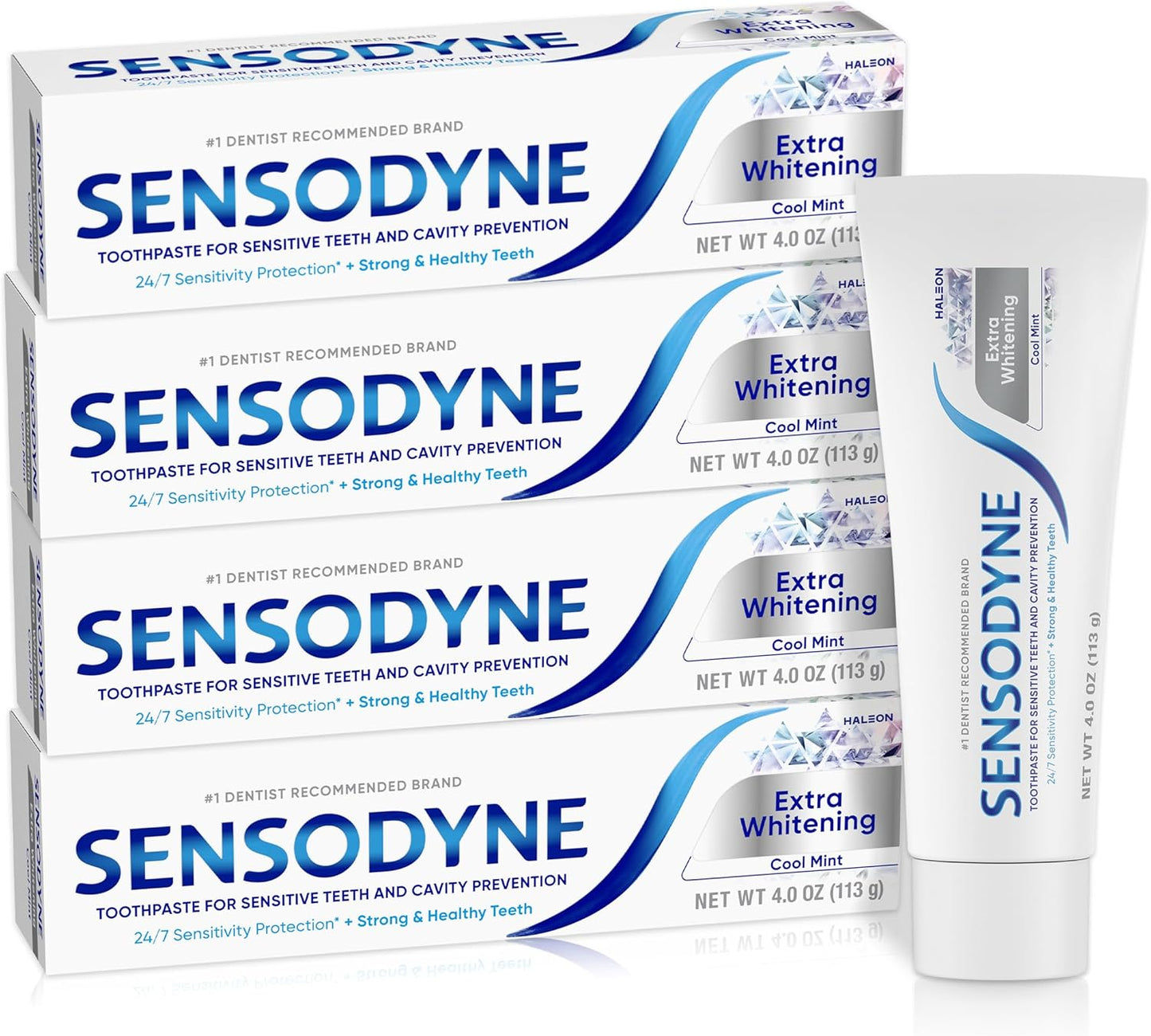 Sensodyne Extra Whitening - Pasta dental blanqueadora para dientes sensibles y prevención de caries, Exclusive, menta fresca, Exclusive - 4 onzas (paquete de 4)