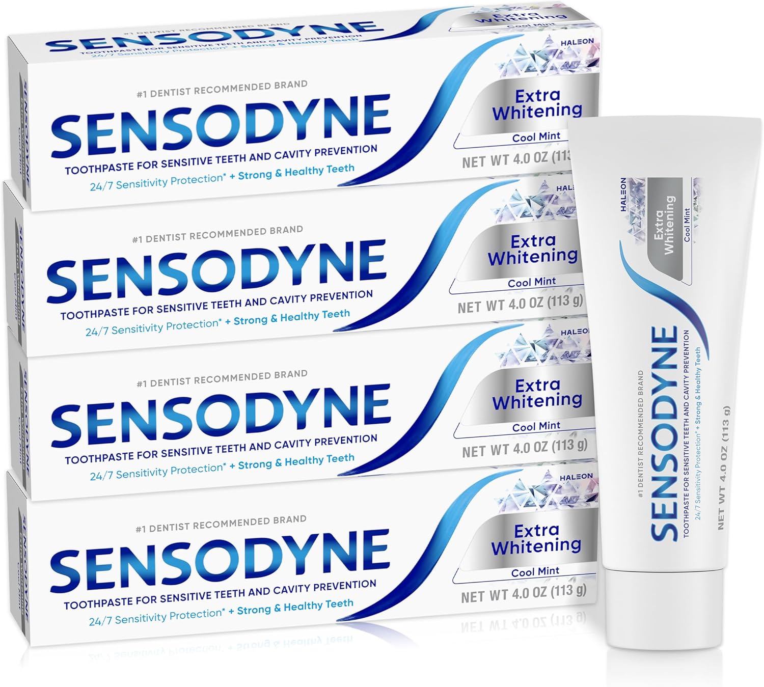 Sensodyne Extra Whitening - Pasta dental blanqueadora para dientes sensibles y prevención de caries, Exclusive, menta fresca, Exclusive - 4 onzas (paquete de 4)