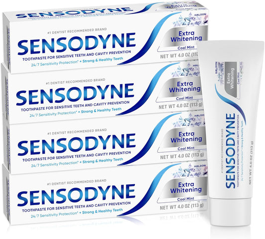 Sensodyne Extra Whitening - Pasta dental blanqueadora para dientes sensibles y prevención de caries, Exclusive, menta fresca, Exclusive - 4 onzas (paquete de 4)