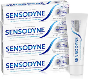 Sensodyne Extra Whitening - Pasta dental blanqueadora para dientes sensibles y prevención de caries, Exclusive, menta fresca, Exclusive - 4 onzas (paquete de 4)