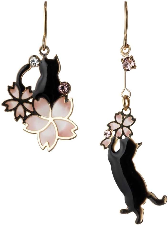 Accesoir Cherry Blossom and Dangling Cat Earrings, Spring Color Glitter on Ears, Hypoallergenic Surgical Stainless Steel, Charm 1.1 inches (28 mm), 1.7 inches (43 mm), Made in Japan