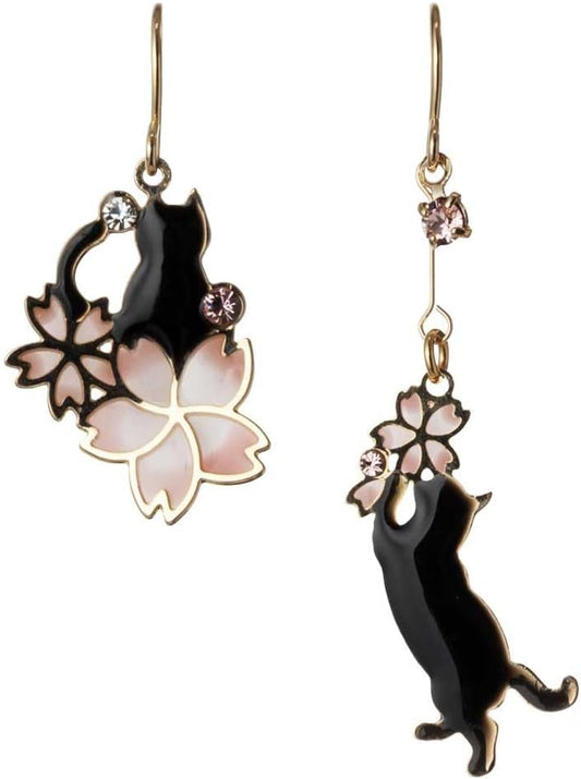 Accesoir Cherry Blossom and Dangling Cat Earrings, Spring Color Glitter on Ears, Hypoallergenic Surgical Stainless Steel, Charm 1.1 inches (28 mm), 1.7 inches (43 mm), Made in Japan