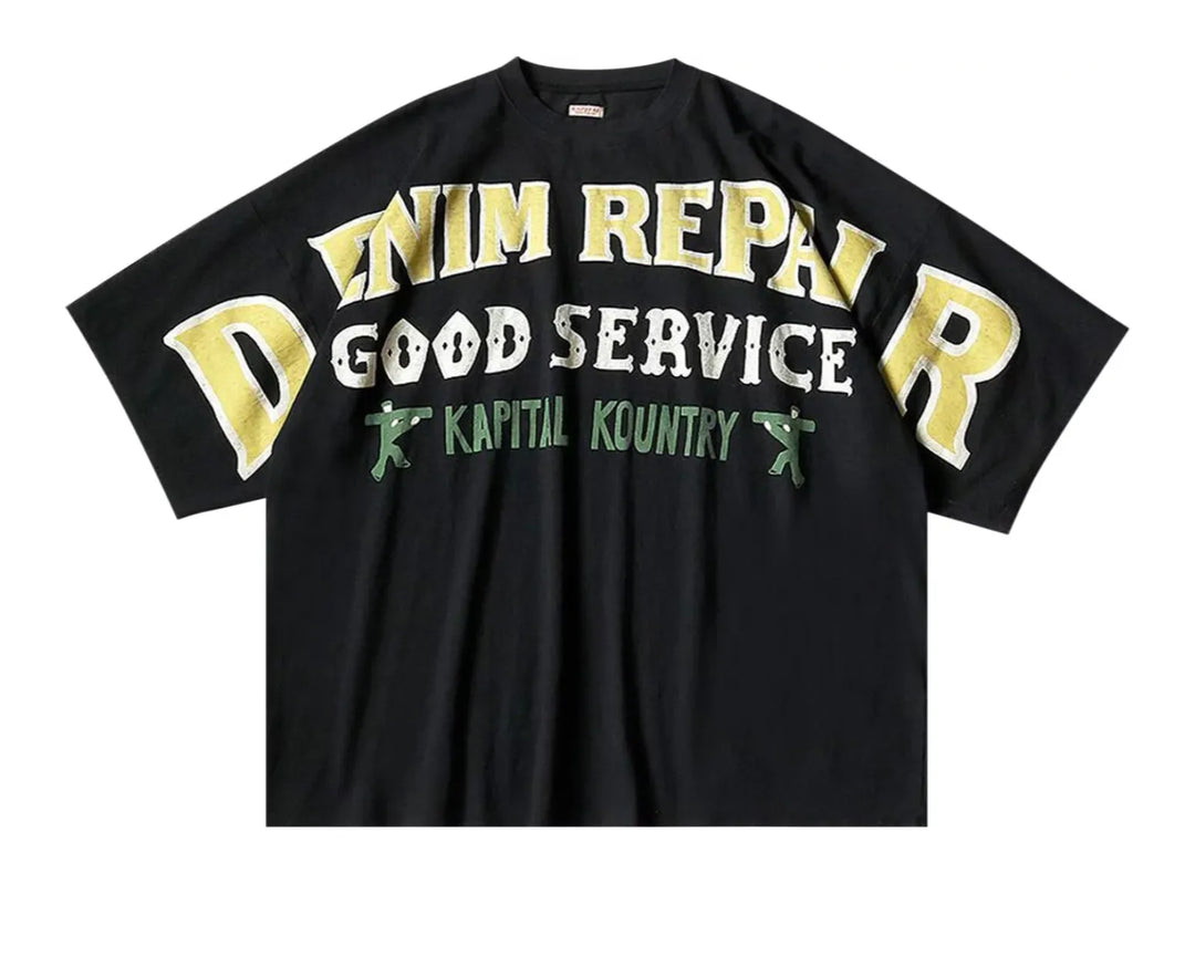 KAPITAL 'DENIM REPAIR' BLACK JERSEY TEE