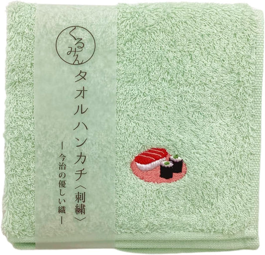 Kyosu, Made in Japan, Imabari Handkerchief, Hand Towel, Wash, Mini, Cotton, Walnut, Embroidery, 9.8 x 9.8 inches (25 x 25 cm), Sushi, Light Green