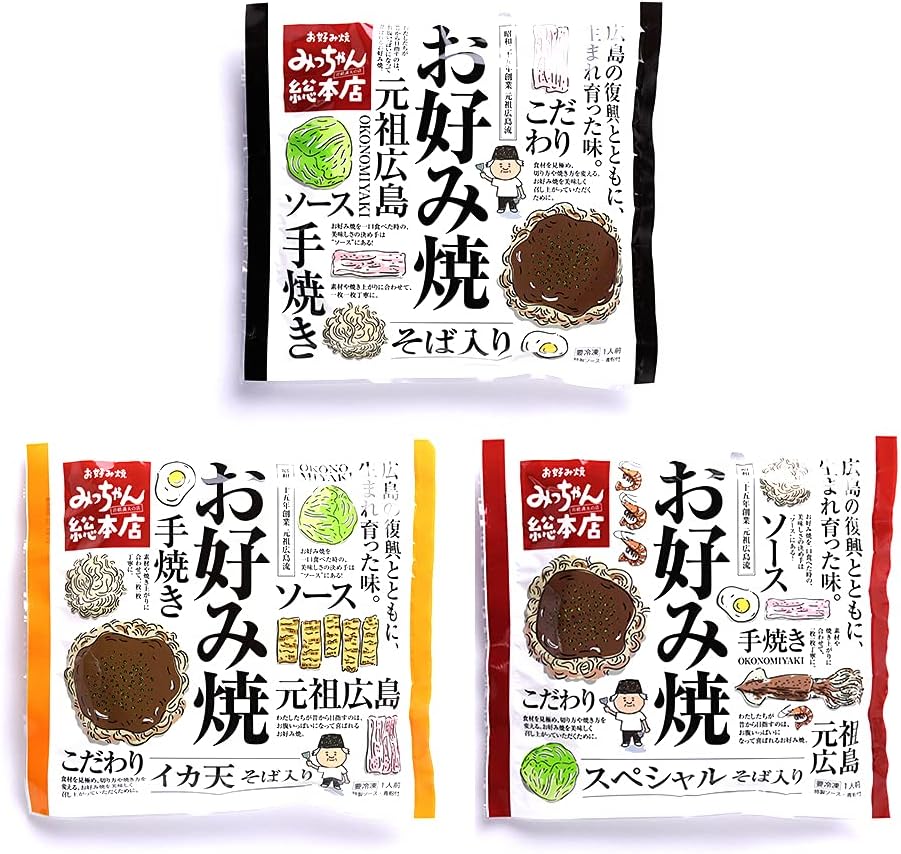 Micchan Sohonten Hiroshima Style Okonomiyaki Gift Variety Set of 3 Types / Hiroshima Frozen Okonomiyaki, Squid Tenin, Special Buckwheat Noodles, Gift, Eat Comparison