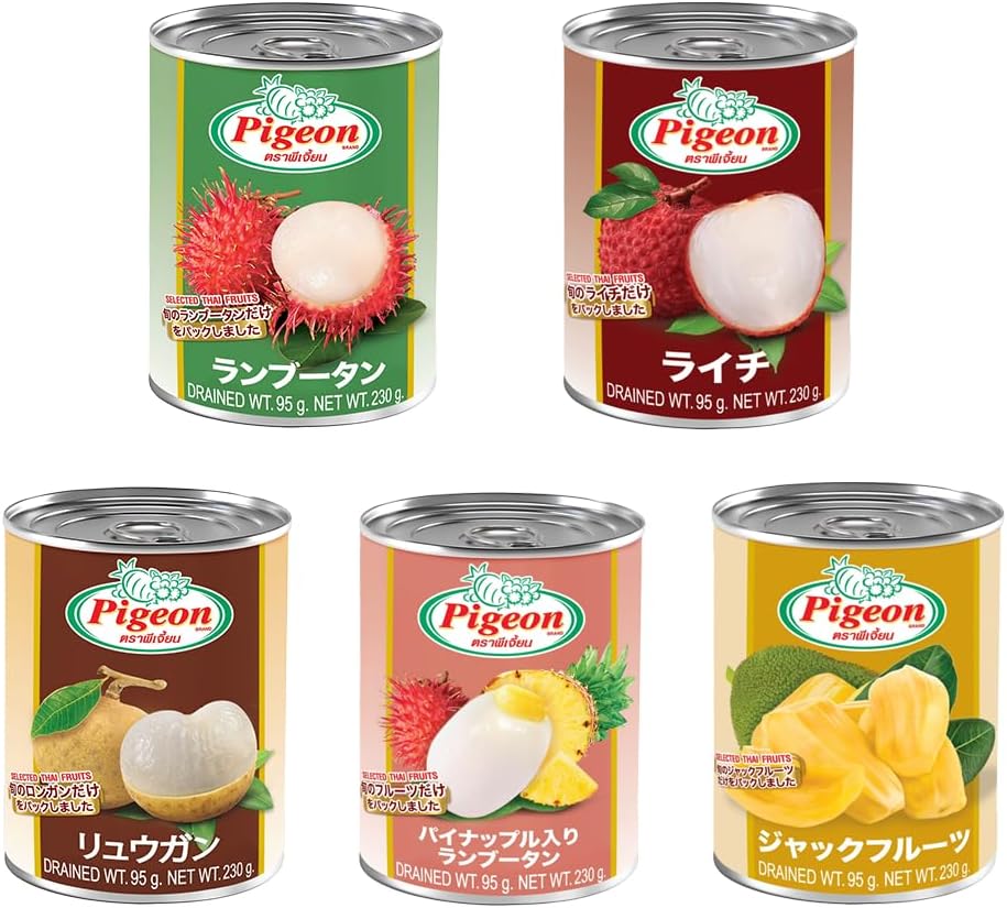Pigeon Thai Fruit Canned Set of 5 Types 8.1 oz (230 g), Rambutan Lychee, Longan, Jackfruit and Pineapple, 5 Pieces, Pigeon Brand, Trial Set Canned Fruit in Syrup 230G 5varients, (Rambutan, Lychee, Longan, JackFruit, Rambutan stuffed with pineapple)