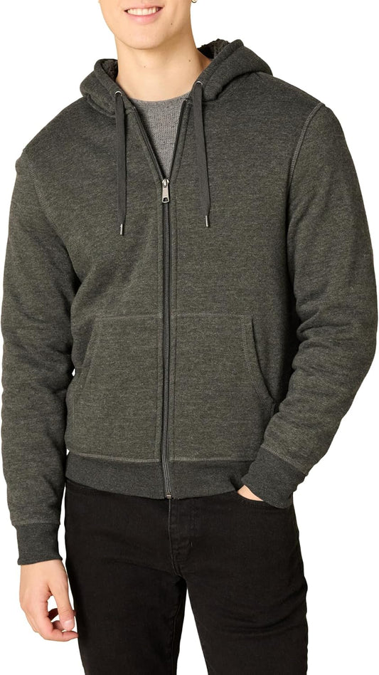 Essentials Sudadera con capucha para hombre, forro de sherpa y cierre completo de cremallera de felpa