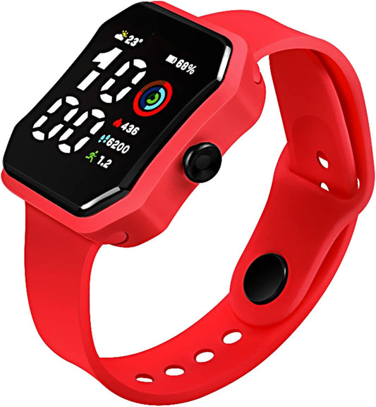 LED Electronic Watch Push Button World Time Uni Night Light Digital Wrist Watch Gift Red Small