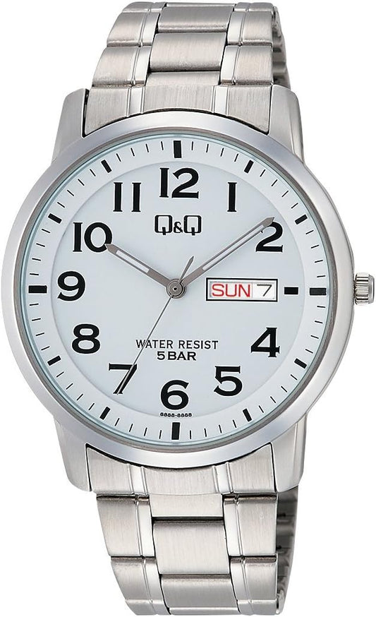 Citizen Q&Q W474 Men's Wristwatch, Analog, Waterproof, Date, Week, Metal Band, white, watch