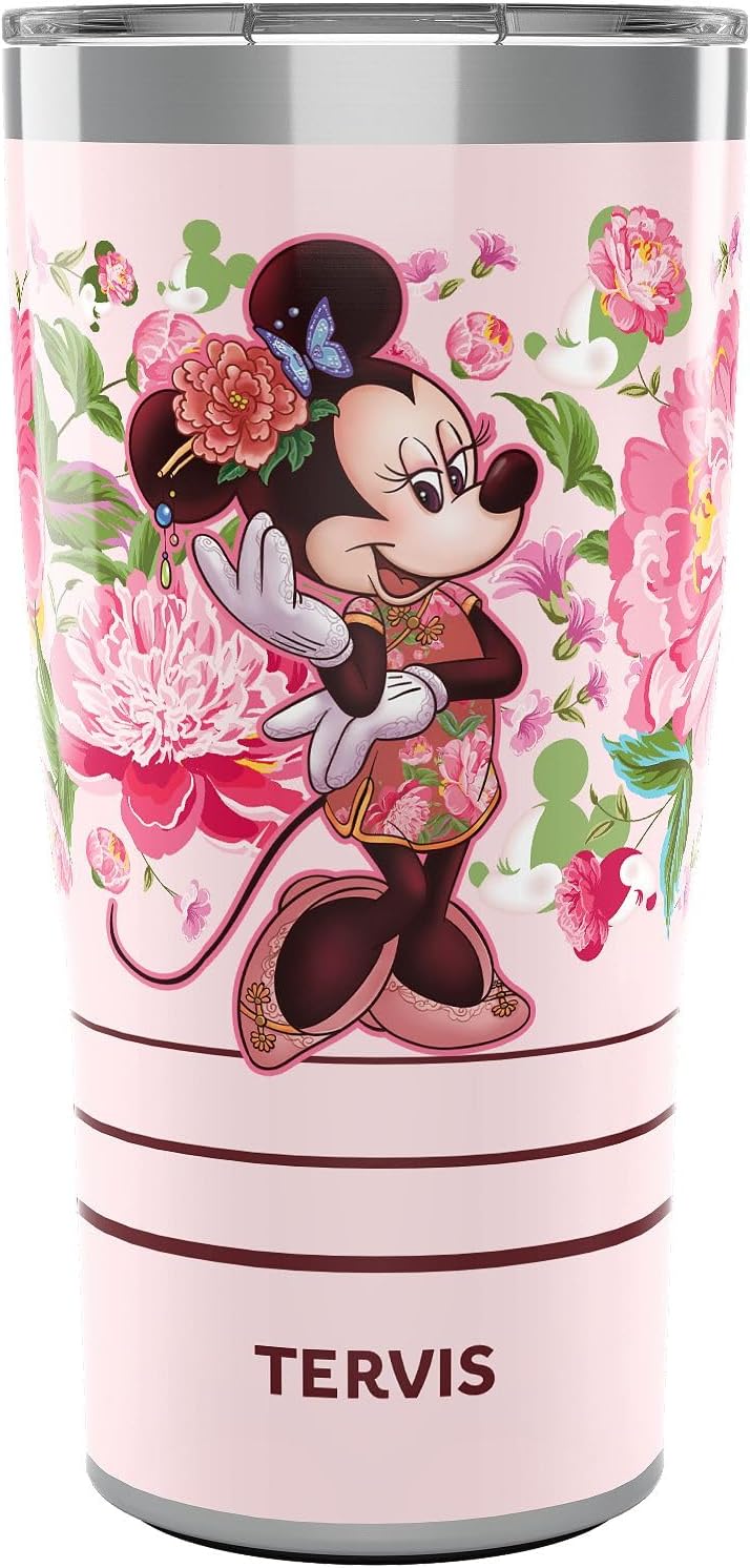 Tervis Traveler - Vaso aislado de triple pared de Disney Minnie Mouse Neo chino floral y vaso de viaje mantiene las bebidas frías y calientes, 20 onzas, acero inoxidable