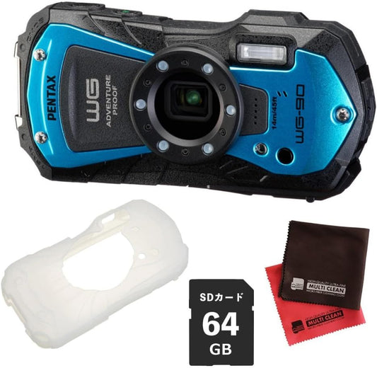 Pentax Digital Camera WG-90 Blue with SD Card & Protective Jacket & Cloth 4 Piece Set