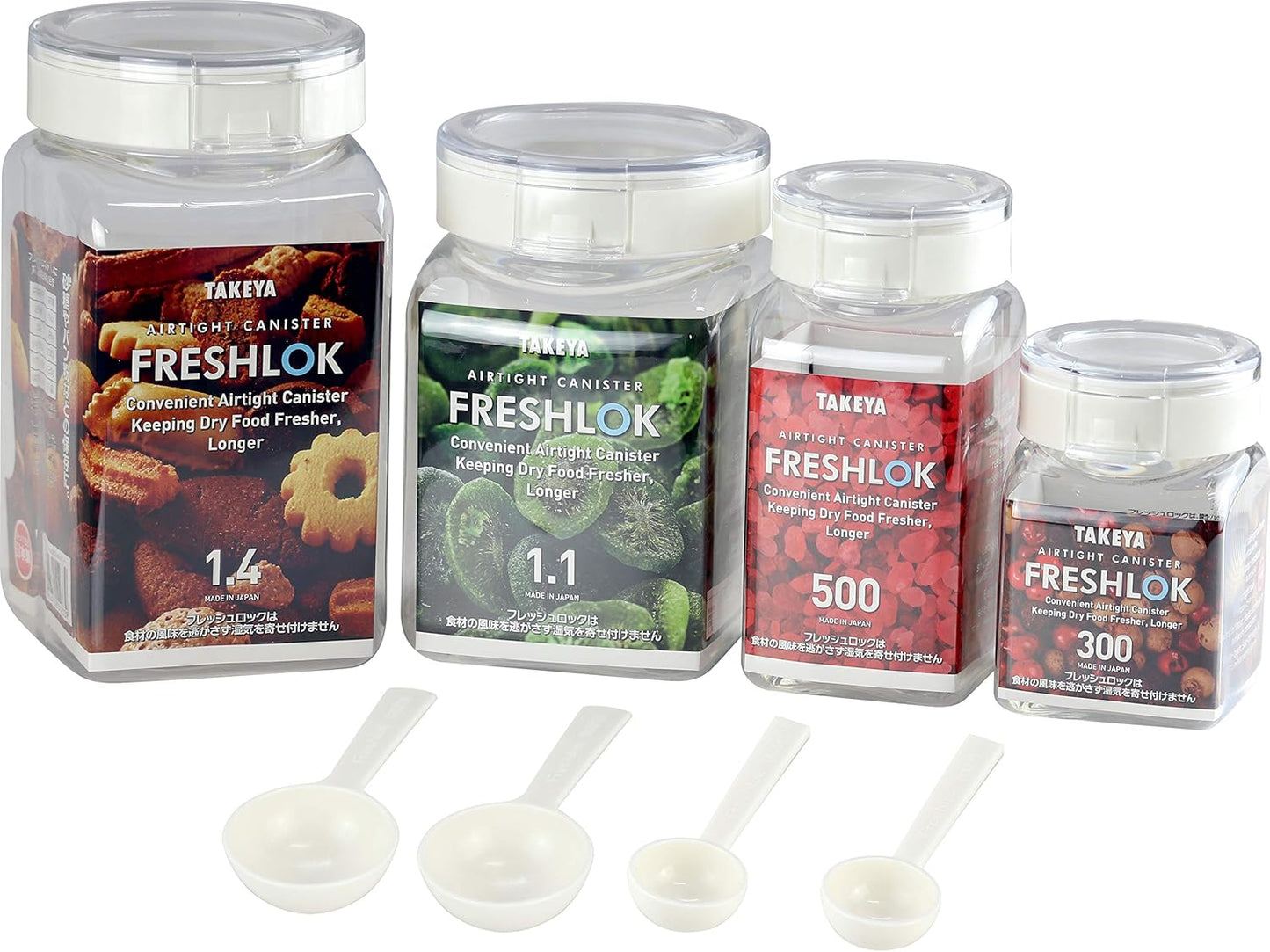 Takeya Official Freshlok Airtight Canister Starter Set, White, 10.1 fl oz (300 ml) / 16.9 fl oz (500 ml) / 37.2 fl oz (1.1 L) / 47.3 fl oz (1.4 L), 4-Piece Set, Sealed Storage Container with Spoon