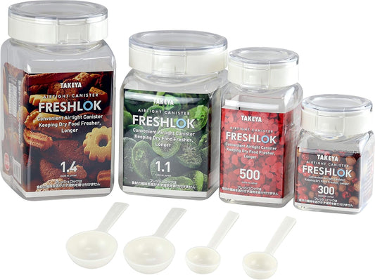 Takeya Official Freshlok Airtight Canister Starter Set, White, 10.1 fl oz (300 ml) / 16.9 fl oz (500 ml) / 37.2 fl oz (1.1 L) / 47.3 fl oz (1.4 L), 4-Piece Set, Sealed Storage Container with Spoon