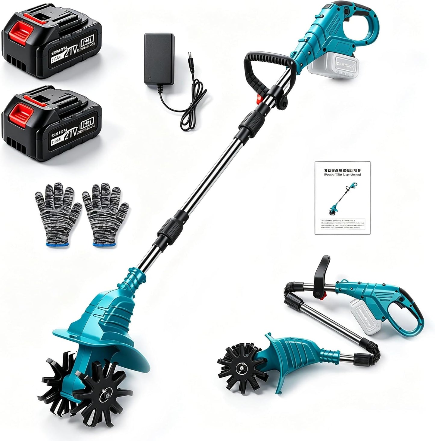 Tiller for Home Use, Rechargeable Tiller, 21 V, 3.0 Ah Batteries Included, 2 x Makita 18 V Compatible, Tilling Width 7.9 inches (20 cm) / Tilling Depth 6.3 inches (16 cm), 4 Blades, Cordless, Small