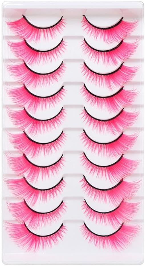10 Pairs Colorful False Eyelashes Unique Cat Eye False Eyelashes Fox Eye False Eyelashes Dramatic Appearance Colorful False Eyelashes Soft and Fluffy Perfect for Cosplay Party Stage Masquerade (Pink)