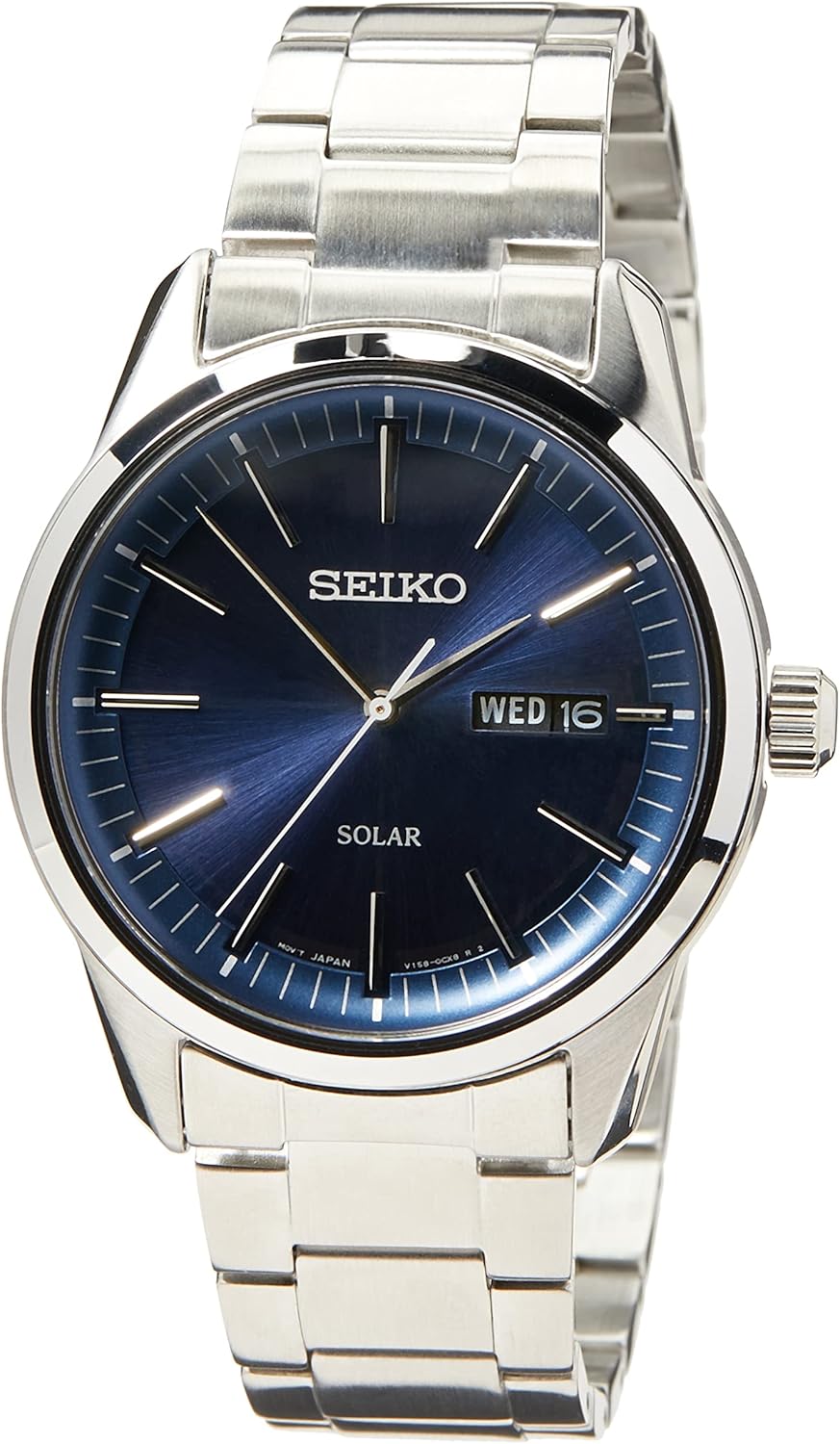Seiko SNE525P1 Quartz Wristwatch, Seiko Solar, Blue, Silver, Men's Overseas Model, Bracelet Type