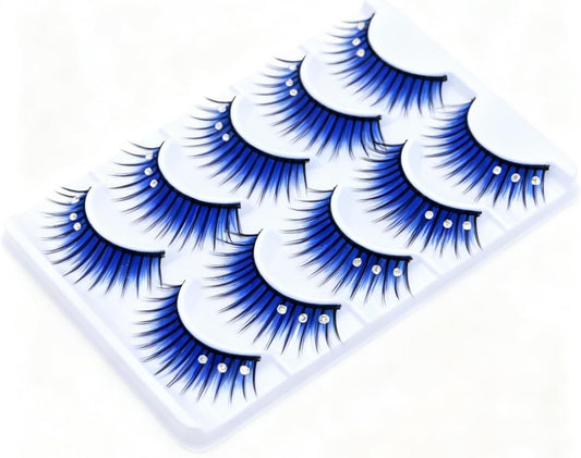 BOROLA 5 Pairs Blue Rhinestone False Eyelashes 3D bling diamond design, long and voluminous stage eyelashes Firm band makes your eyes look big, perfect for stage, performance, cosplay, party, club