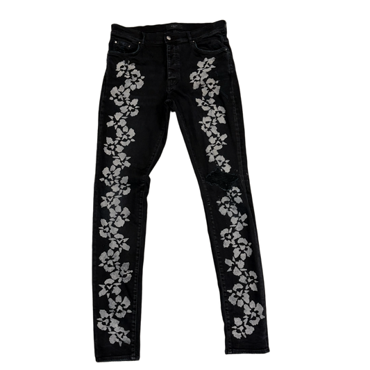 AMIRI 'BLACK' HIBISCUS FLOWER STENCIL JEANS