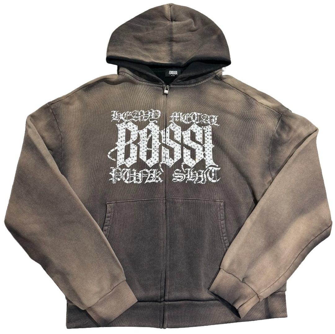 BOSSI 'WHITE HEAVY METAL' WASHED BROWN RHINESTONE ZIP-UP