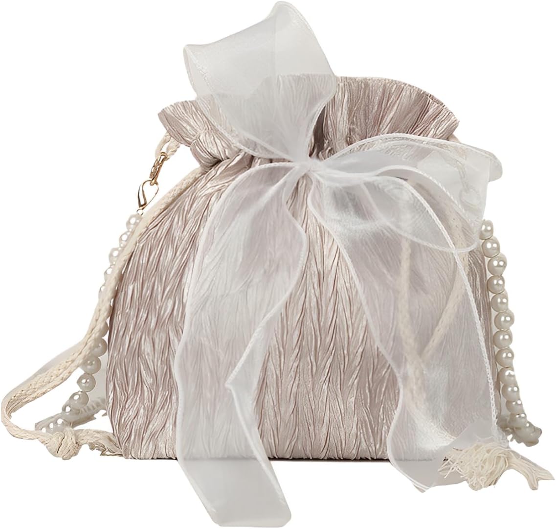 Harugio Women's Drawstring Bag, Shoulder Bag, Pochette, Drawstring Pouch, Pearl, Ribbon Pouch, Small, Mini, Cross-body, Stylish, Cute, Wedding, Coming-of-age Ceremony, Dress, Yukata, Kimono Trend