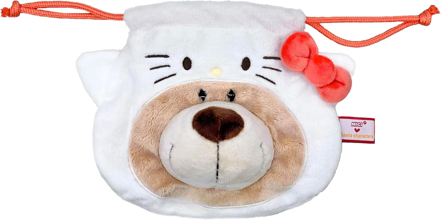 NICI x Sanrio Characters Figure Face Pouch, Love Bear Brown x Kitty
