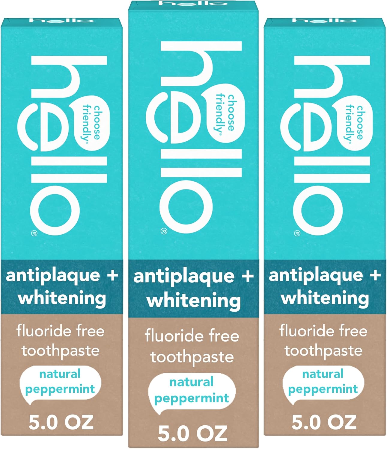 Hello Pasta de dientes antiplaca y blanqueadora sin flúor, tubo de 5 onzas, pasta de dientes blanqueadora con sabor natural a menta y aceite de árbol de té, aplasta el sarro y ayuda a eliminar las