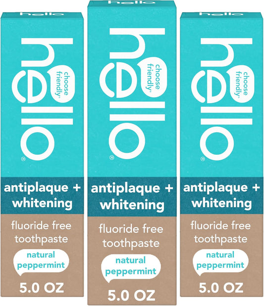 Hello Pasta de dientes antiplaca y blanqueadora sin flúor, tubo de 5 onzas, pasta de dientes blanqueadora con sabor natural a menta y aceite de árbol de té, aplasta el sarro y ayuda a eliminar las