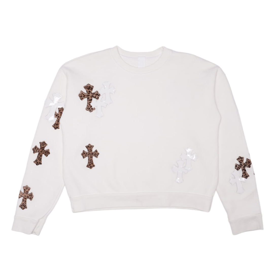 CHROME HEARTS 'CHEETAH CROSS PATCH' WHITE CREWNECK