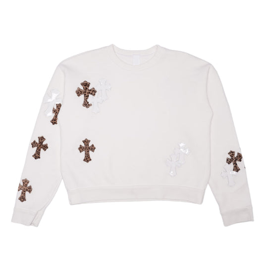 CHROME HEARTS 'CHEETAH CROSS PATCH' WHITE CREWNECK