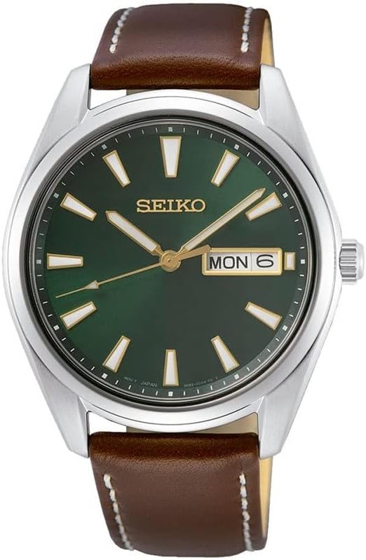Seiko SUR449P1 Men's Wristwatch, Quartz Overseas Model, Green Dial, Calf Leather, green, Casual Sports