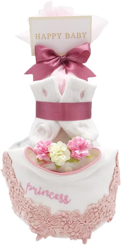 ENICY Diaper Cake Ralph Lauren Baby Shower 2-Tier Gift Set (Ralph Girls Style, Going Out Bib, Diaper S Size, Pampers 13 pieces)