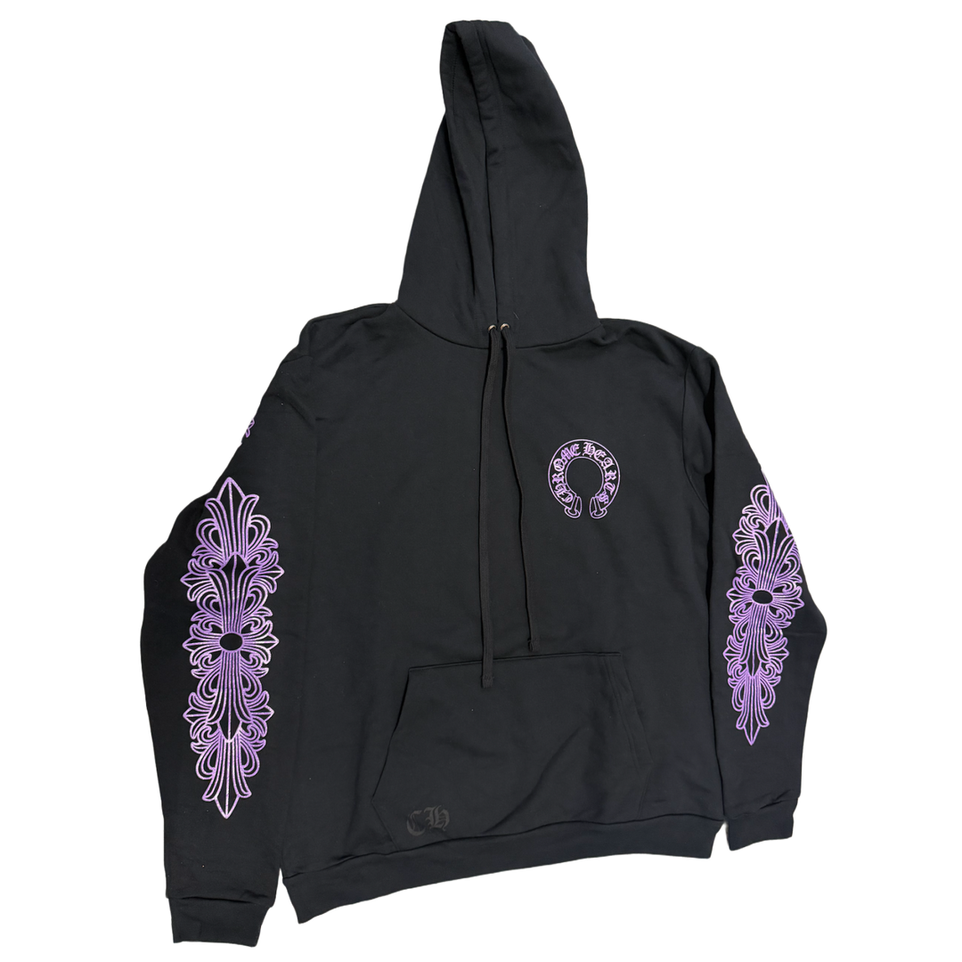 CHROME HEARTS FRIENDS AND FAMILY 'PURPLE GLITTER' HORSESHOE FLORAL BLACK HOODIE
