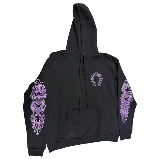 CHROME HEARTS FRIENDS AND FAMILY 'PURPLE GLITTER' HORSESHOE FLORAL BLACK HOODIE