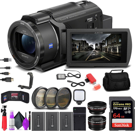 Sony FDR-AX43 UHD 4K ハンディカムカメラ (FDRAX43/B) + 64GB メモリーカード + NP-FV70バッテリー2個 + フィルターキット + 広角レンズ + 望遠レンズ + バッグ + 充電器 + LEDライト - Vloggerバンドル