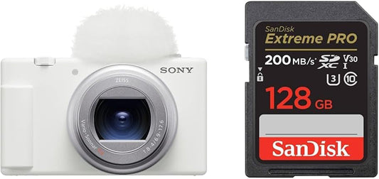 Sony ZV-1II Compact Digital Camera VLOGCAM Vlog Camera with Windscreen Zoom Lens, White ZV-1M2 W + [SanDisk Genuine Product] SD Card, 128 GB SDXC, Class 10, UHS-I V30, Read Up to 200MB/s SanDisk