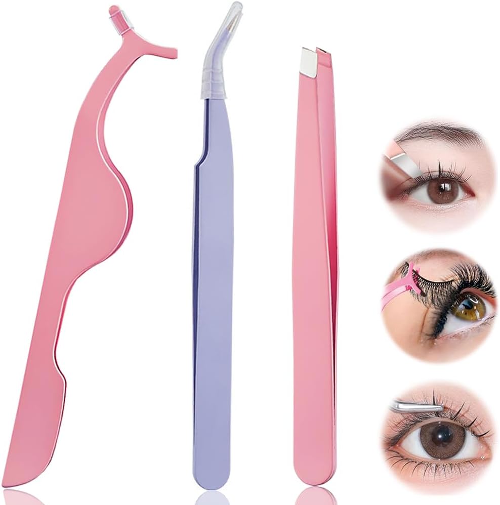 False Eyelash Tweezers Set of 3 Eyelash Tweezers Lightweight for Beginners Multi-functional Eyelash Assistant Folder Eyelash Assist Beauty Tool (1 x Incline False Eyelash Clip Pink + 1 Curved Eyelash