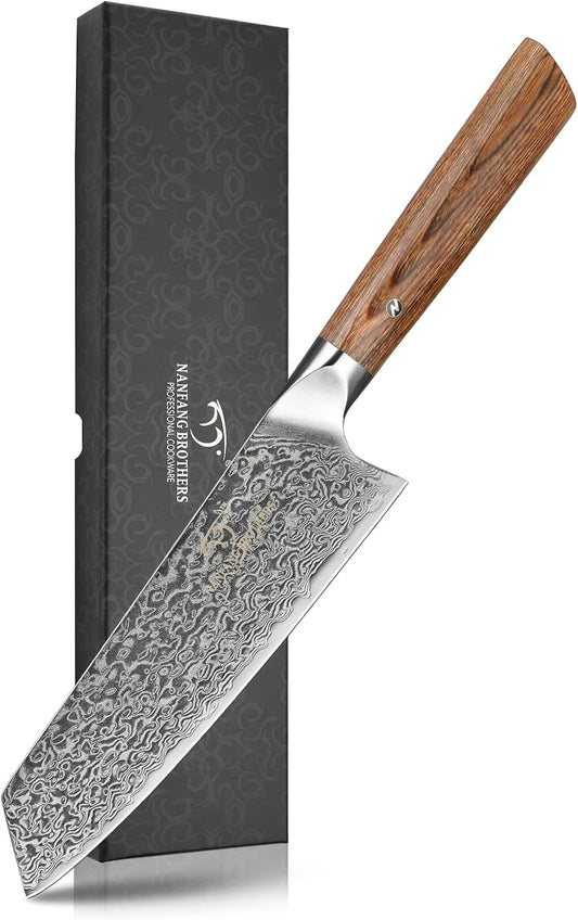 Santoku Knife, Gyuto Knife, Nanfang Brothers VG10+ Damascus, 67 Layers, Good Sharp, Multifunctional, Cooking Utensil, Meat, Vegetables, and Fruits, For Home Use, Commercial Use, (Wood Handle) Santoku Knife, 6.9 inches (175 mm)
