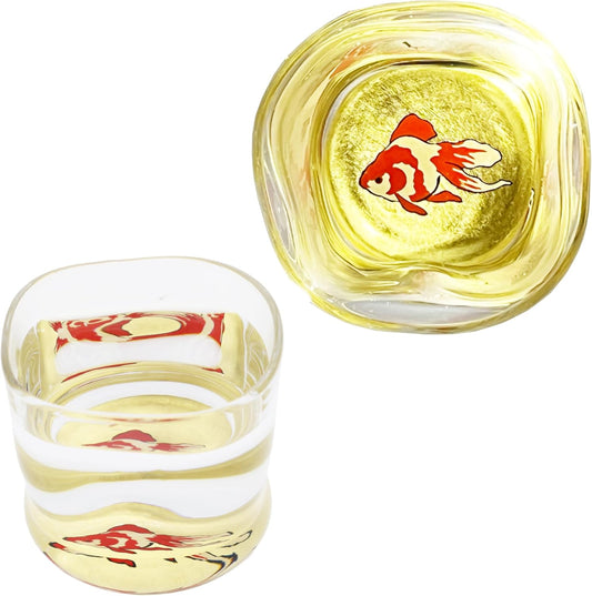 Kasyou Studio Hanasho Maki-e Glass, Goldfish, Twist Type, Cup with Boar Mouth (Kaga Makie / Cosmetic Box Included, Made in Japan, High Quality), Kanazawa Gold Leaf Golden Sake Cup (Traditional